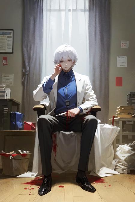 masterpiece, best quality, extremely detailed, detailed background, detailed face, 1boy, male focus, blood, sitting, solo, blood on clothes, chair, trash bag, blue shirt, labcoat, shirt, paper, pants, black footwear, indoors, short hair, looking at viewer, black pants, curtains, white hair, shoes, long sleeves, grey hair, full body, cigarette, blood on hands, office chair, box, knife, id card, closed mouth, grey eyes