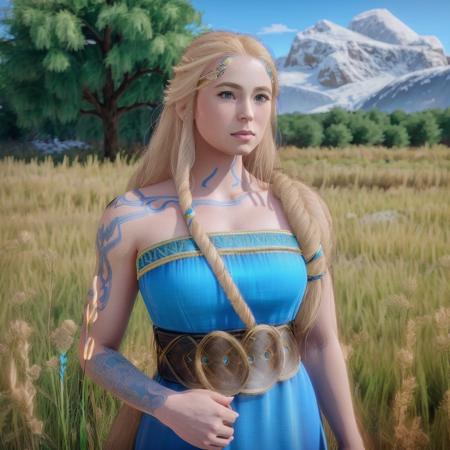 Sif, photorealistic, 4k, UHD, ((blonde hair over her left shoulder))),  blue dress, blue eyes, full body view<lora:Sif_GodofWar:1>