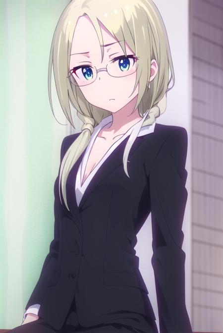 christinawakoyamato, <lora:christina wako yamato s2-lora-nochekaiser:1>, 
christina wako yamato, long hair, blue eyes, blonde hair, (green eyes:1.3), glasses, hair over shoulder, semi-rimless eyewear, low ponytail, under-rim eyewear,
BREAK shirt, collarbone, jacket, white shirt, pants, black jacket, black pants, formal, suit, office lady, pant suit,
BREAK indoors, office,
BREAK looking at viewer, (cowboy shot:1.5),
BREAK <lyco:GoodHands-beta2:1>, (masterpiece:1.2), best quality, high resolution, unity 8k wallpaper, (illustration:0.8), (beautiful detailed eyes:1.6), extremely detailed face, perfect lighting, extremely detailed CG, (perfect hands, perfect anatomy),