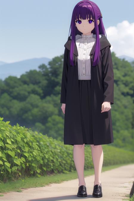 fern, <lora:fern-lora-nochekaiser:1>,
fern, long hair, bangs, (purple eyes:1.1), purple hair, sidelocks, blunt bangs, bright pupils, half updo,
BREAK shirt, dress, jacket, white shirt, open clothes, hood, white dress, hood down,
BREAK looking at viewer, upper body, (full body:1.2),
BREAK outdoors, sky, nature,
BREAK <lyco:GoodHands-beta2:1>, (masterpiece:1.2), best quality, high resolution, unity 8k wallpaper, (illustration:0.8), (beautiful detailed eyes:1.6), extremely detailed face, perfect lighting, extremely detailed CG, (perfect hands, perfect anatomy),