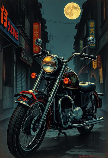 A vintage motorcycle with elegant floral engravings, vintage pulp illustration, japanese gothic mystery, noir suspense, psychological horror, moody atmosphere, chiaroscuro lighting, dramatic composition, sinister elegance, retro book cover art, twisted narratives, 1950s pulp realism, uncanny characters, surreal menace, textured brushwork, vivid expressionism, dark eroticism, theatrical poses, gothic urban settings