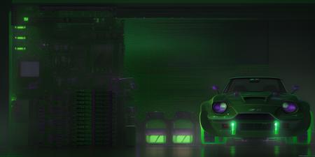 side view of a datsun 240z covered in green traces of a printed circuit board (PCB) green and purple color scheme octane render, ray-tracing, 4k, high quality desktop wallpaper  cgsociety, gloomy, realistic, trending on artstation <lora:PCB_v3:0.8> unreal engine, deviantart