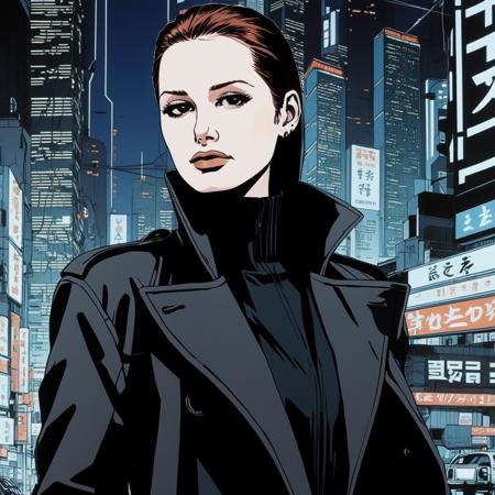 ((90s Anime style illustrattion)) drawing of a closeup on face of woman wearing a long black trench-coat,futuristic city in the background, akira, 2D, mxpetsch ,  <lora:mapetsch_juggerX_xl_1_wocap-mxpetsch-000104:1>