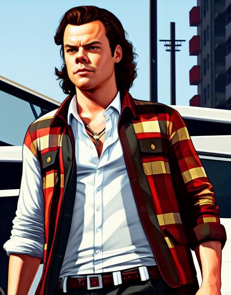 GTA5 Loading Screen 2D art, Harry styles as a GTA5 character, action pose, cinematic composition, shaders, bright cinematic lighting, soft contrast, video game background
