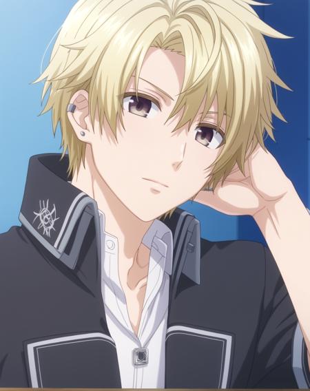  yuiga_kakeru_pony, blonde hair, grey eyes, short hair, bangs, hair between eyes, ear piercing,