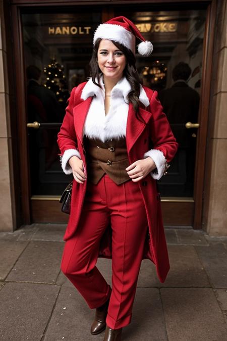 <lora:Belinda_Stewart-Wilson:1> 1girl, solo, a mature bs1873w, in a santa coat, waistcoat, santa trousers, santa hat