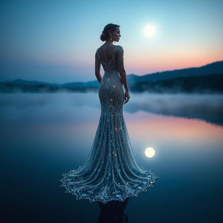 A cinematic full-body portrait of a breathtakingly elegant woman standing at the edge of a serene, glass-like lake at dusk. Ethereal volumetric moonlight filters through a gentle mist, illuminating her intricate, floor-length evening gown, which shimmers with thousands of delicate, light-catching crystals. Her poised silhouette and the twilight sky are flawlessly mirrored on the water's placid, inky surface, creating a scene of profound tranquility and stunning, reflective beauty.