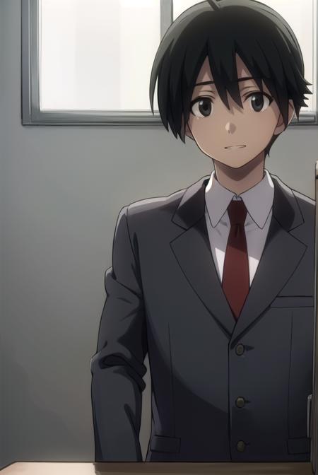 makotoitou, <lora:makoto itou s1-lora-nochekaiser:1>,
makoto itou, black hair, (black eyes:1.5), short hair, smile, smirk, grin, teeth,
BREAK school uniform, necktie, formal, suit,
BREAK indoors, classroom,
BREAK looking at viewer, (cowboy shot:1.5),
BREAK <lyco:GoodHands-beta2:1>, (masterpiece:1.2), best quality, high resolution, unity 8k wallpaper, (illustration:0.8), (beautiful detailed eyes:1.6), extremely detailed face, perfect lighting, extremely detailed CG, (perfect hands, perfect anatomy),