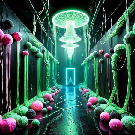 A gritty, neon-drenched cyberpunk/biopunk tunnel deep beneath a dystopian yarn city. The walls fuse sleek metal plating with tangled organic yarn growths — glowing mycelium-like veins, pulsing fiber optic cables, and crystalline yarn balls embedded in the walls. Down the center runs a channel of mystical glowing liquid — a viscous, radiant bio-fluorescent substance swirling with electric blues, neon greens, and hot pinks. Small biotech creatures with yarn-like appendages scurry along the edges, feeding on the liquid’s energy. Holographic runes flicker on the tunnel walls while steam vents fill the space with swirling mist and eerie reflections. The scene is ultra-realistic, cinematic lighting, Blade Runner meets biotech, 8K detail, techno-organic vibe with crisp textures and neon haze.