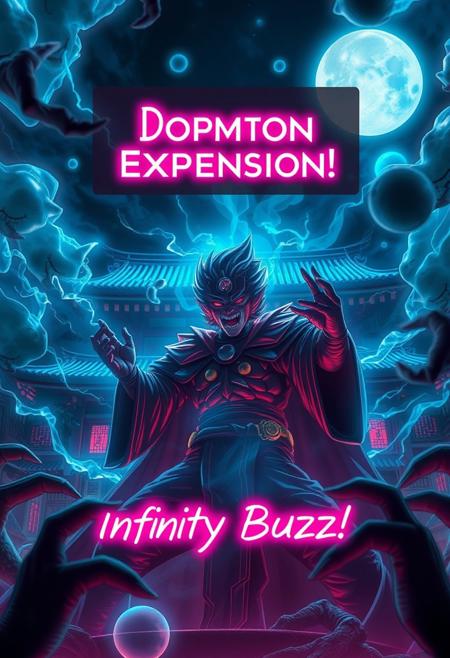 Ultra realistic.Ultra detailed,masterpiece,master_piece,8k,Score_9,UHD, Gojo Satoru in his domain expansion realese pose ready to unleash his power,surrounded by a celetial aura of power and curse energy,  in front of a japanese temple under a full moon night,surounded by evil curses ready to claw away at him to end his life, yelling "Domain Expansion! Infinity Buzz! " text in neon purpure letters inside a text balloon