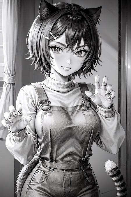 1girl, Marsey, manga style,  monochrome,  greyscale, animal ears, tail, hair ornament, (cat ears), smile,  solo, short hair, (cat tail), fish hair ornament, looking at viewer, overalls, shirt,  indoors, white shirt, hairclip, sweater, cat girl, claw pose, long sleeves, animal ear fluff, grin,  breasts, in the style of manga, long fingernails