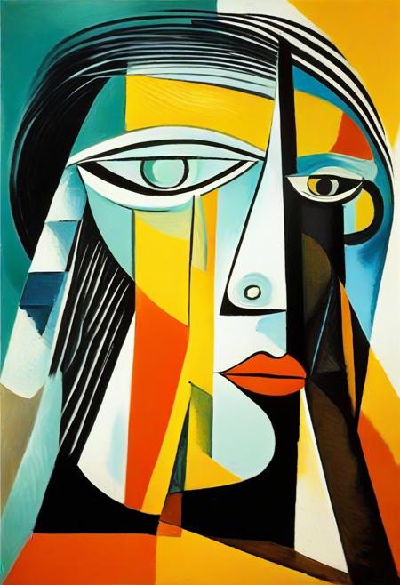 masterpiece, best quality, illustration, style of Pablo Picasso, cubist, complementary colors, abstract landscape,