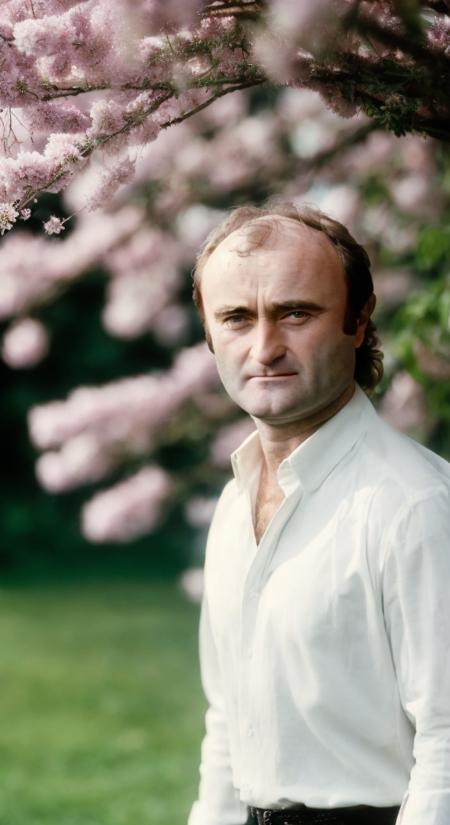 Phil Collins, portrait of a man 1980s, (sharp focus:1.2), photoshoot, (handsome:1.1), detailed facial features, wearing (formal wear:1.2), standing in a park in front of a (blossoming tree:1.2), with (evening lighting:1.2), (depth of field:1.2), (bokeh:1.2), 4K, HDR. by (Norman Seeff:1.2|Mark Seliger:1.1)