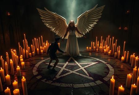 A master-level, highly detailed dark fantasy scene, in the hell, set in a dimly lit, ominous room. The floor is marked with a large, blood-drawn pentagram, its sinister lines glowing faintly. Surrounding the pentagram are countless dark white candles of varying lengths and thicknesses, their flickering flames casting unsettling shadows across the room. fire flames and blood on the walls,  At the center of the pentagram, a beautiful angel woman with big wings big breast  is emerging from the blood-drawn symbol. an angelic light across the roof  through the darkness, and a small black demon with ripped clothes extending his arms to the angel  Covered in shadows