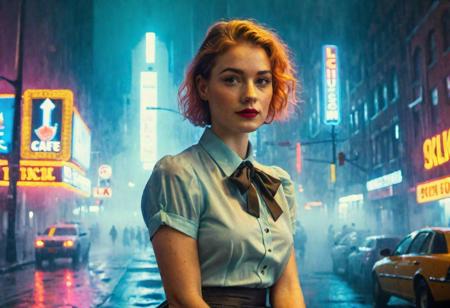 (((wide shot))), book cover of a (Movie Still), vintage return of the cyberpunk army in neon city, raining, cinematic lighting, 4 k, by greg rutkowski, ((wide shot)), (estabilshing shot), city street shot, (full body), ((looking to the right), looking away, ((neon)), (((fog))), volumetric, young ginger woman, (realistic, photo-realistic:1.37), ultra-detailed, 1 girl,cute, solo,beautiful detailed sky,detailed cafe,night,sitting,dating,(nose blush),(smile:1.1),(closed mouth) medium breasts,beautiful detailed eyes,(collared shirt:1.1), bowtie,pleated skirt,(short hair:1.2),floating hair, Aligned eyes,  Iridescent Eyes,  (blush,  eye_wrinkles:0.6),  (goosebumps:0.5),  subsurface scattering,  ((skin pores)),  (detailed skin texture),  (( textured skin)),  realistic dull (skin noise),  visible skin detail,  skin fuzz,  dry skin,  hyperdetailed face,  sharp picture,  sharp detailed,  (((analog grainy photo vintage))),  Rembrandt lighting,  detailed face,  8k resolution, <lora:epiNoiseoffset_v2-pynoise:-1>