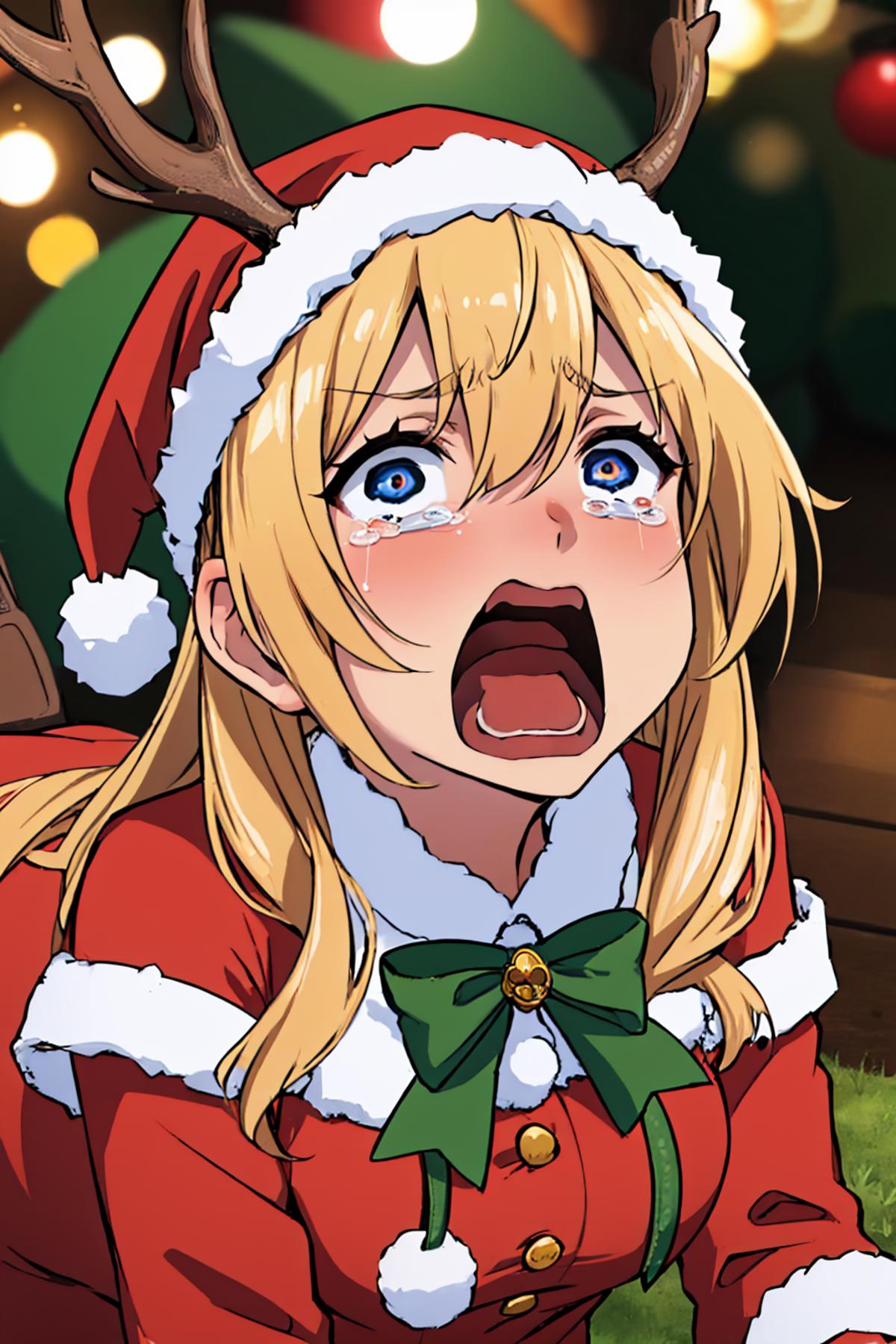 A cartoon character wearing a Santa hat and a green bow is crying.