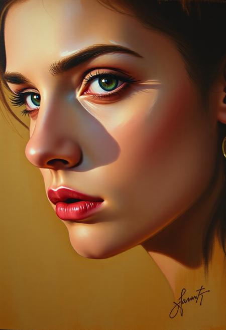 A contemplative woman's portrait, captured in warm, muted hues and expressive brushstrokes, with her face angled to emphasize one piercing eye, as soft shadows dance across her features, imbuing the image with depth and emotional resonance. The artist's signature, a subtle yet confident flourish, proudly displayed at the bottom right corner, hints at a masterful hand, one that prioritizes the evocative power of art over the cold precision of realism, inviting the viewer to step into a world of subtle nuance and timeless beauty.