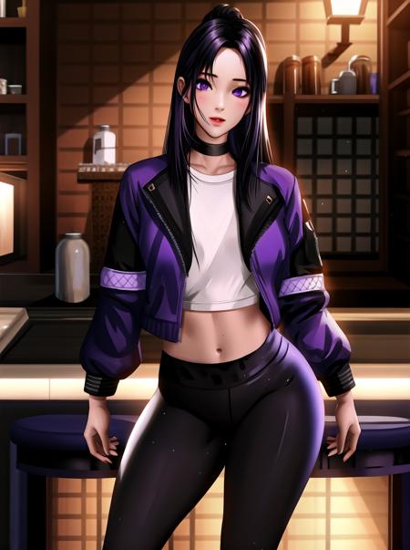 standing, 1girl,purple eyes, black jacket, leggings, looking at viewer,looking at viewer,<lora:LiangXing:1>