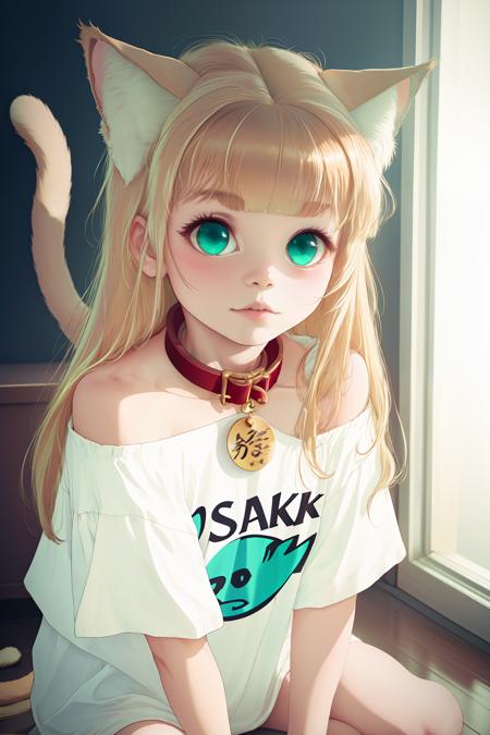 kinako,  1girl, animal_collar, animal_ear_fluff, animal_ears, aqua_eyes, bangs, barefoot, bell, blonde_hair, blunt_bangs, cat_ears, cat_girl, cat_tail, collar, full_body, long_hair, off_shoulder,  red_collar, shirt, simple_background, solo, t-shirt, tail, white_background, white_shirt <lora:kinako_v1:1>