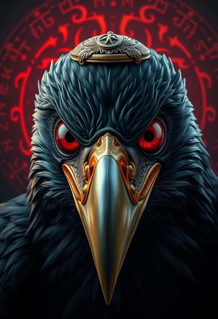 dark fantasy style art, style of molecular, glowing runic symbols background, very dark surroundings, muscular raven looking directly at the camera, cursed ring on top of the head that radiating energy, scary, realistic and authentic feathers, wet feathers, golden ornate detailed beak, shiny beak, in his extremely big and clear eyeballs, bigger eyes, unrealistically huge eyes, closer view on eyes, red scene with a forest burning inside the eye's reflection, UHD, trending on artstation,