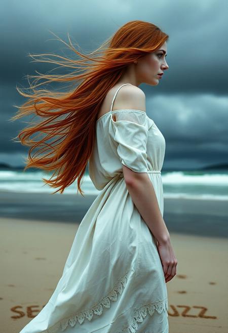 (Anton Corbin photography style), (gritty, high contrast, slow shutter speed, grainy), (film grain:1.2), 
It’s a dark and stormy day, a beautiful woman perfect pale white skin, petite body, round face,  with long red hair and blue eyes stands on the shore of sandy Scottish beach wearing a loose 
thin fitting white dress, her hair and dress blown by the wind, (slow shutter speed emphasizes motion of windblown hair and dress), she is on the right side of the image:0.9 she is looking at words written in the sand near her “SEND BUZZ”