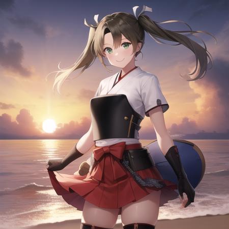 (masterpiece, best quality:1.2),illustration,8k,hd,beautiful purple sunset at beach,1girl,solo,cowboy shot,long_hair,twintails,ribbon,hair_ribbon,green_hair,green_eyes,smile,white_ribbon,muneate,hakama_short_skirt,hakama_skirt,japanese_clothes,skirt,gloves,thigh_boots,thighhighs,tasuki,partially_fingerless_gloves,grey_hair,red_hakama,<lora:Zuikaku(kan)>,