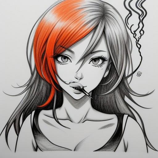 ink. Pencil black and white
Beautiful girl redhead anime style. Anime style. Smoking. Mature content. Black, white, red, orange colors. Shapes and dynamic in background Outlines -- --