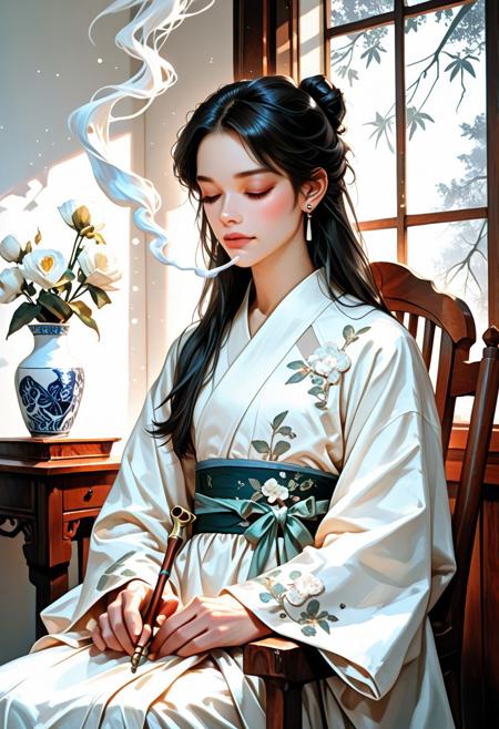 solo, short black hair, dignified man, seated, holding a long kiseru smoking pipe, traditional Hanfu-style silk robe, white with subtle embroidery, minimal floral patterns, tied sash, relaxed posture, closed eyes, long sleeves, white flower vase in the background, carved wooden chair, curling smoke, soft lighting, single earring, defined masculine facial features, composed expression, calm atmosphere, vase decor, semi-realistic style, digital painting, concept art, soft glow, muted cool tones, volumetric lighting, ultrahigh definition, absurdres, highres, cinematic aesthetic, painted style, dramatic light contrast with white robe and dark wood, misty atmosphere, ambient particles, serene mood, Midjourney style, elegant composition, aidma-niji, lazypos
