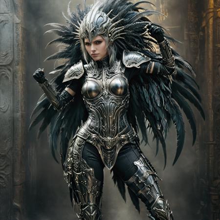 full body shot of a woman from final fantasy live action, with the face of h. r. giger. a beautiful digital painting. artstation. digital art. concept art. illustration. realistic. vibrant. by justin gerard <lora:alienzkin-sdxl:1.1> alienzkin <lora:EbonyGold-000014:1.4> ebonygold  armor, colorfeathers <lora:xl_more_art-full_v1:0.95>
