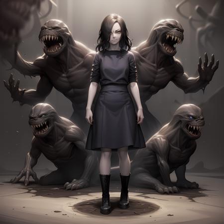 ((masterpiece, best quality)),(complex lighting),solo,1girl,full body, eveline, black dress, black hair, <lora:EvelineRE1:0.6>, boots, sleeves rolled up, hair over one eye,long hair, pale skin, grey eyes, smirk, frown, monster of shadow,