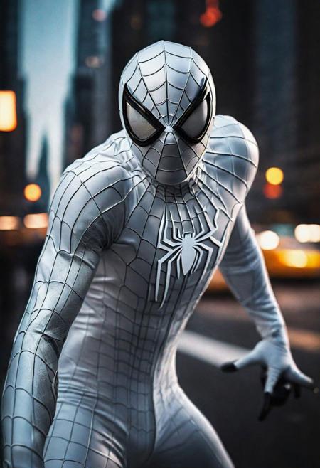 (Portrait face Solo Dominique McElligott flying in new york , photograph ,pale beautiful photo, ultra detailed white spiderman suit , night time, cinematic composition,  cinematic filtering , mask take in hand:1.4)