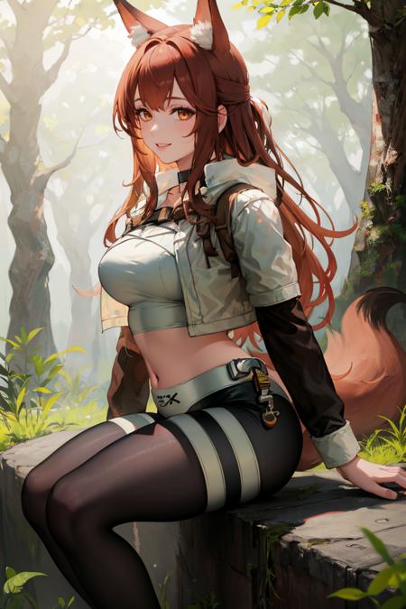 FrankaArknights, long hair, fox tail FrankaBase, long hair, fox tail, collared shirt, grey shirt, id card, black gloves, black skirt, black thighhighs, uneven legwear FrankaRainforest, long hair, fox tail, black choker, crop top, white jacket, cropped jacket, midriff, black shorts, black pantyhose