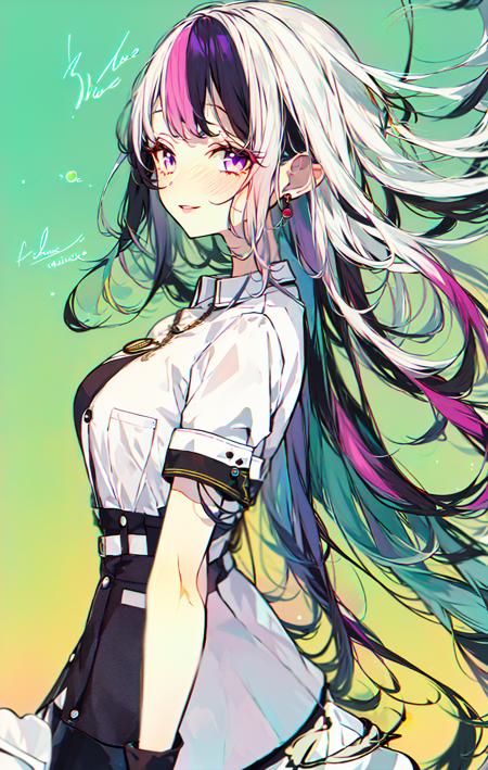 1girl, bangs, blue_background, blue_hair, blunt_bangs, blush, breasts, collared_shirt, eyebrows_visible_through_hair, floating_hair, gradient_hair, green_background, hair_ornament,  jacket,long_hair, looking_at_viewer, medium_breasts, monocle, moon, multicolored_hair, on_head, parted_lips, pink_eyes, purple_eyes, shirt, short_sleeves, signature, silver_hair, simple_background, smile, solo, very_long_hair, white_shirt <lora:style_Akakura:1>