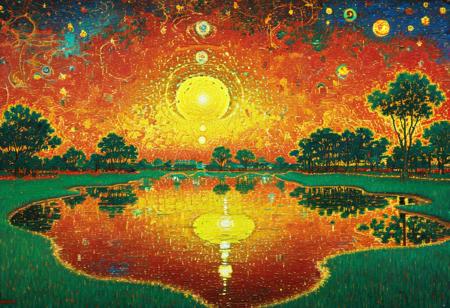 The Hague on fire, cosmic connections, radar very visible implanted on painting, Japanese phoneline to kami, flames, dark evening, green wetlands in front of cityscape, cityscape, distant city, helicopter in air, hallucination, hallucinatory, distorted view, ice cold stars in a vortex, psychedelic, psychosis, visionary, vision, depth, smooth oil painting, yellow bright halo, after Landscape at Sunset 
by Vincent van Gogh, reflection, mirroring, streams of gold, very colorful, splendid, luminous, luminosity, mesmerizing art, extremely bright colors, sharp contrasts, aureolin, cafe noir, coffee brown, crimson red, lapis lazuli blue streams of water, schizoanalytic cartography, Amanda Sage style, pureerosface_v1, FixedStars