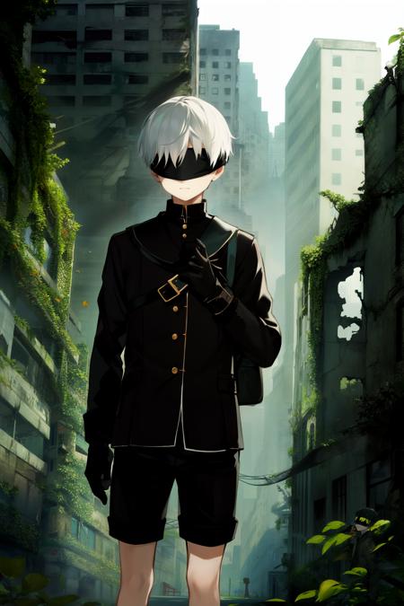 ((masterpiece:1.2, best quality)), 1boy, facing front, looking at viewer, silver hair, short hair, black gloves, black blindfold, black jacket, black shorts <lora:yorha_9s:0.7>, destroyed city, daytime, leaves, overgrown buildings