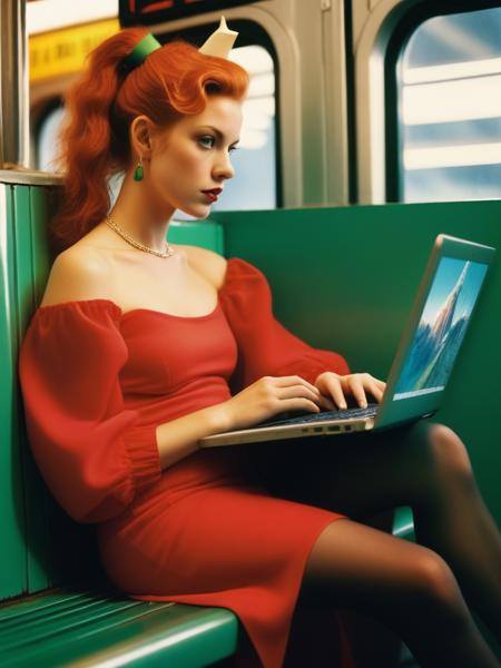 <lora:04Vintageillustration_Hap_XL:1.5>, Norman Rockwell style, 1990s cinematic film still. a woman sitting on a bench next to a laptop, cryptopunk, shot on Fuji 6Ã9 medium format camera, subways, elfpunk, a 21-year-old woman with large green eyes, flowing red hair in a ponytail, Instagram-worthy confidence, republic of gamer. Mario Testino-inspired, in the style of Alan Paterson, Petra Collins, Annie Leibovitz, and Wes Anderson. Based on a prompt by ÐÐ½Ð´ÑÐµÐ¹ ÐÐ°ÑÐ°ÑÑÐ²,