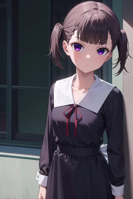 makishijou, <lora:makishijou-lora-nochekaiser:1>,
maki shijou, bangs, blunt bangs, (purple eyes:1.1), twintails, two side up, braid, short twintails,
BREAK long sleeves, dress, ribbon, school uniform, black dress, red ribbon, neck ribbon, collared dress, shuuchiin academy school uniform,
BREAK outdoors,
BREAK looking at viewer, (cowboy shot:1.5),
BREAK <lyco:GoodHands-beta2:1>, (masterpiece:1.2), best quality, high resolution, unity 8k wallpaper, (illustration:0.8), (beautiful detailed eyes:1.6), extremely detailed face, perfect lighting, extremely detailed CG, (perfect hands, perfect anatomy),