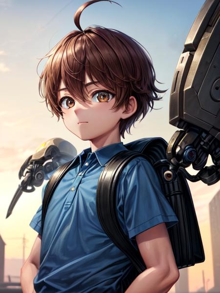 best quality, masterpiece, highres, detailed, perfect anatomy,  <lora:Detail - add_detail:0.2>, ChildEmp, 1boy, brown hair, brown eyes, blue shirt, male child, backpack, thin mechanical arms from backpack,  <lora:ChildEmperor-10:0.8>, ahoge, factory, upper body, computer, smug, mechanical appendages,