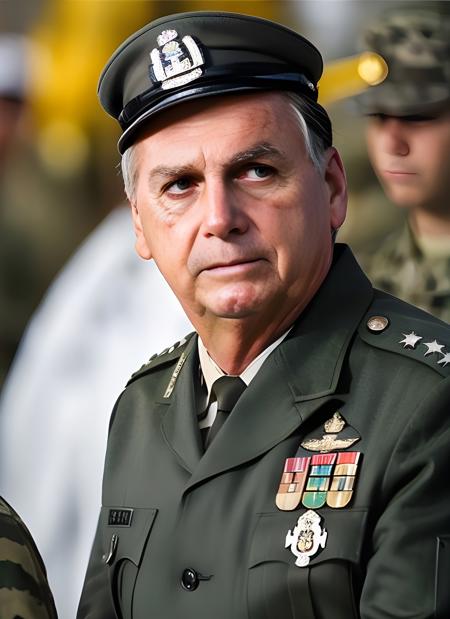 1boy, photo of bolsonaro in (army general uniform)1.3, hero shot, cinematic lighting, sunrise, battle field, war, upper body, looking at viewer, 8k uhd, best quality, masterpiece, sharp focus, realistic, Fujifilm XT3