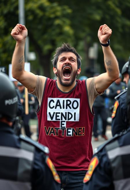 A photograph of a screaming, ragged, angry madman wearing a burgundy soccer vest, protesting with a poster in his hands that says "CAIRO VENDI E VATTENE!", police officers stand in the foreground with their backs to the viewer,