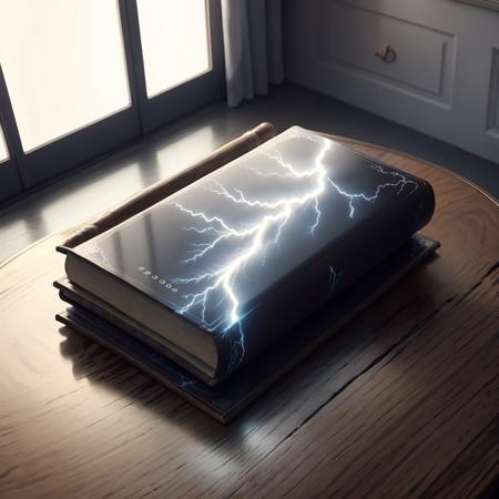 Indoor, a lightning book <lora:Lightning:0.8>, table