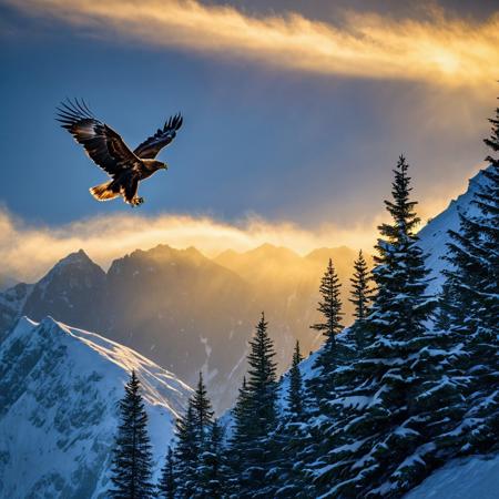 Marsel van Oosten, Frans Lanting, and Roeselien Raimond capturing the majestic flight of a golden eagle soaring high above a rugged mountain range, evergreen trees dotting the valleys below, sunlight casting an ethereal glow on the scene, sky a blend of deepening blue and soft golden hues, eagle in sharp focus with wings fully extended, backlit by the sun, high resolution, dramatic lighting, ultra clear