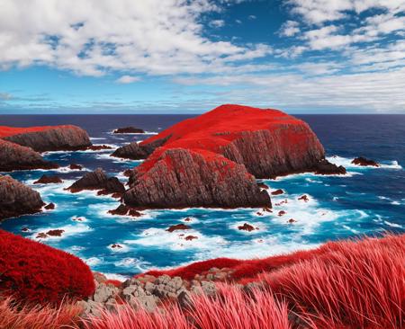 there is a red plant growing on the rocks near the ocean, a matte painting by Makoto Aida, shutterstock contest winner, color field, epic coves crashing waves plants, inside an otherworldly planet, red grass,  <lora:Redia_yiu_v10:0.6>