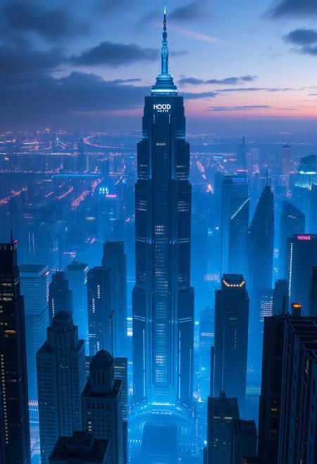 The skyline of a futuristic city, towering buildings surrounded by blue lights,