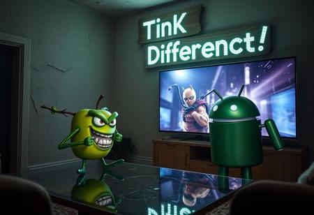 "In a dimly lit, decaying Italian apartment, a cartoonish green apple with exaggerated, glaring eyes and twisted limbs faces off against the iconic Android logo robot. The apple, perched on a cracked glass coffee table, sports a menacing grin and clenched, vine-like fists. Opposite it, the Android robot, its green metallic surface tarnished and scratched, stands in a defensive stance with malfunctioning, twitching antennae and a glare from its flickering eyes.
The massive OLED TV on the wall displays a vivid Apple computer commercial, casting a cold, flickering light that illuminates the tense standoff. Shadows from the TV’s bright visuals stretch and distort across the room, adding a dramatic effect to the confrontation.
Above the TV, a warped cardboard sign reading 'Think Different!' with jagged, irregular lettering hangs, its flickering LEDs casting eerie, shifting shadows on the peeling stucco walls. The room, once elegant with exposed brick and wooden beams, now feels oppressive and claustrophobic, filled with the scent of mildew. The green apple’s glossy skin and the Android’s rusty body gleam under the unsettling light, emphasizing their contrasting forms and the bizarre, hostile encounter in this decrepit, tech-infused setting."
