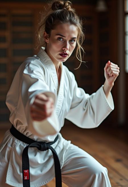 A 3/4 shot portrait of a determined 24-year-old German woman with pale skin and striking maroon lipstick, practicing Taekwondo.  She is captured in dynamic motion, mid-kick, her body angled slightly to her left, exhibiting strength and precision. Her expression is one of intense focus and unwavering resolve, her brow slightly furrowed in concentration. She wears a traditional white Taekwondo Dobok, crisp and clean, contrasting sharply against the rich, earthy tones of the dojo floor. The background is subtly blurred, hinting at a traditional wooden-floored dojo, with soft natural daylight illuminating the scene, casting gentle shadows that enhance her musculature. The overall lighting is cool and bright, enhancing the feeling of energy and movement. The image is rendered in a photorealistic style, capturing the fine details of her sweat-glistened skin and the texture of the Dobok fabric.  The composition uses a low angle, emphasizing her power and grace. The color palette is predominantly cool, with accents of maroon on her lips and the subtle warm tones of the wood flooring, creating a visually striking contrast. The mood is one of focused determination and quiet strength, embodying the discipline and spirit of Taekwondo. The style evokes a blend of photojournalism and action photography, capturing the raw intensity of the moment.  A wide-angle lens is used to enhance the dynamism of the scene, capturing the full extent of her movement.