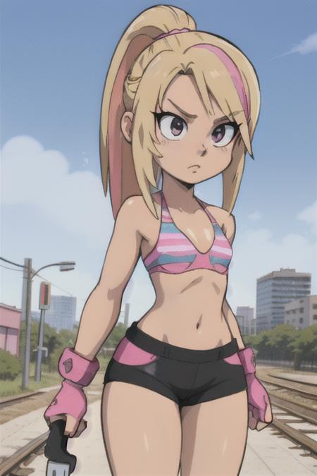 GameGirl , (blonde ponytail) with pink streak highlights, <lora:GameGirl:0.4>, 80's anime style, (flat chest),  thighs, hips, small waist, riding a bike in the city, biker shorts, from the side, bikini top, cloudy day, near train tracks