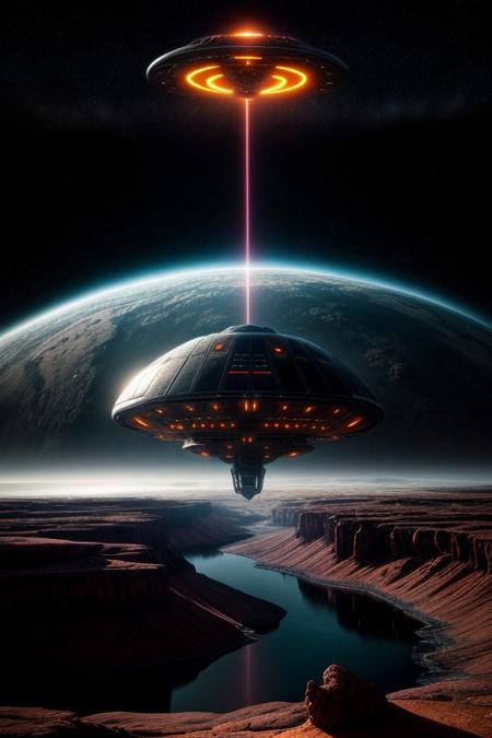 alien spaceship hovering over an otherworldly landscape, vibrant colors, high detail, science fiction, dramatic lighting, cinematic composition, hyperrealistic, by John Harris and Andrée Wallin, 8k resolution, beautiful ethereal atmosphere