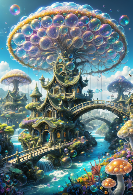 Strange fantasy world filled with surreal and enchanting elements. Floating islands of varied size hover by unseen magic, each swathed in alien vegetationâgiant bioluminescent mushrooms, twisting vines, glowing flowers. Exotic dragonâbirds and drifting jellyfish glide between arching bridges of light. In the distance stands an ancient tree whose sprawling canopy supports entire villages; leaves pulse with rainbow luminescence and bubble staircases spiral around its trunk. The sky is a kaleidoscope of swirling colors beneath multiple moons, rivers of iridescent liquid cascade into space where they transform into endless streams made of bubbles. The scene should evoke limitless wonder 
, made_of_bubbles,
<lora:add-detail-xl:0.5>, <lora:Bubbles_sdxl:0.9>