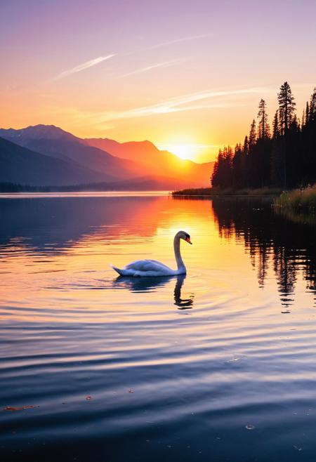 Vibrant sunset over a serene lake with misty mountains in the background. A majestic swan glides effortlessly across the calm water, its feathers glistening like polished jewels as it leaves behind a trail of ripples and reflections. The sky is painted with hues of fiery orange, warm yellows, and soft pinks, gradually transitioning into a deep blue towards the horizon. In the foreground, lush greenery and wildflowers sway gently in the breeze, adding pops of color to the scene. The atmosphere is peaceful, inviting, and full of life., 2000s vintage RAW photo, photorealistic, film grain, candid camera, color graded cinematic, eye catchlights, atmospheric lighting, imperfections, natural, shallow dof, High level of detail to create a photographic-like image, focusing on lighting, realistic textures, hyperdetailed.